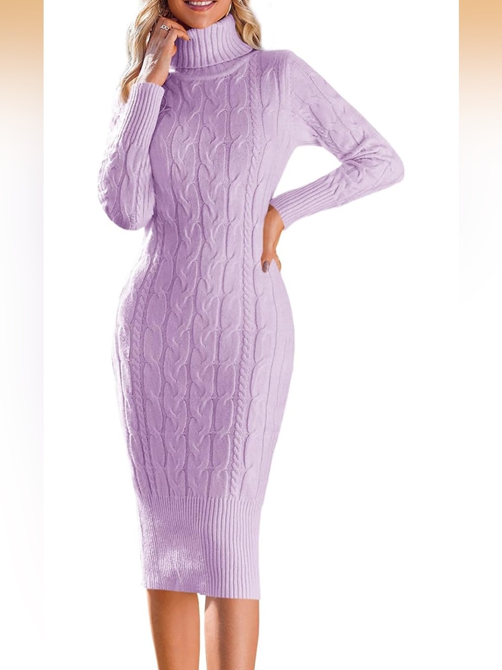 LAVENDER PURPLE MIDI SWEATER DRESS VEGAN TURTLE NECK LILAC WARM BODYCON FIT